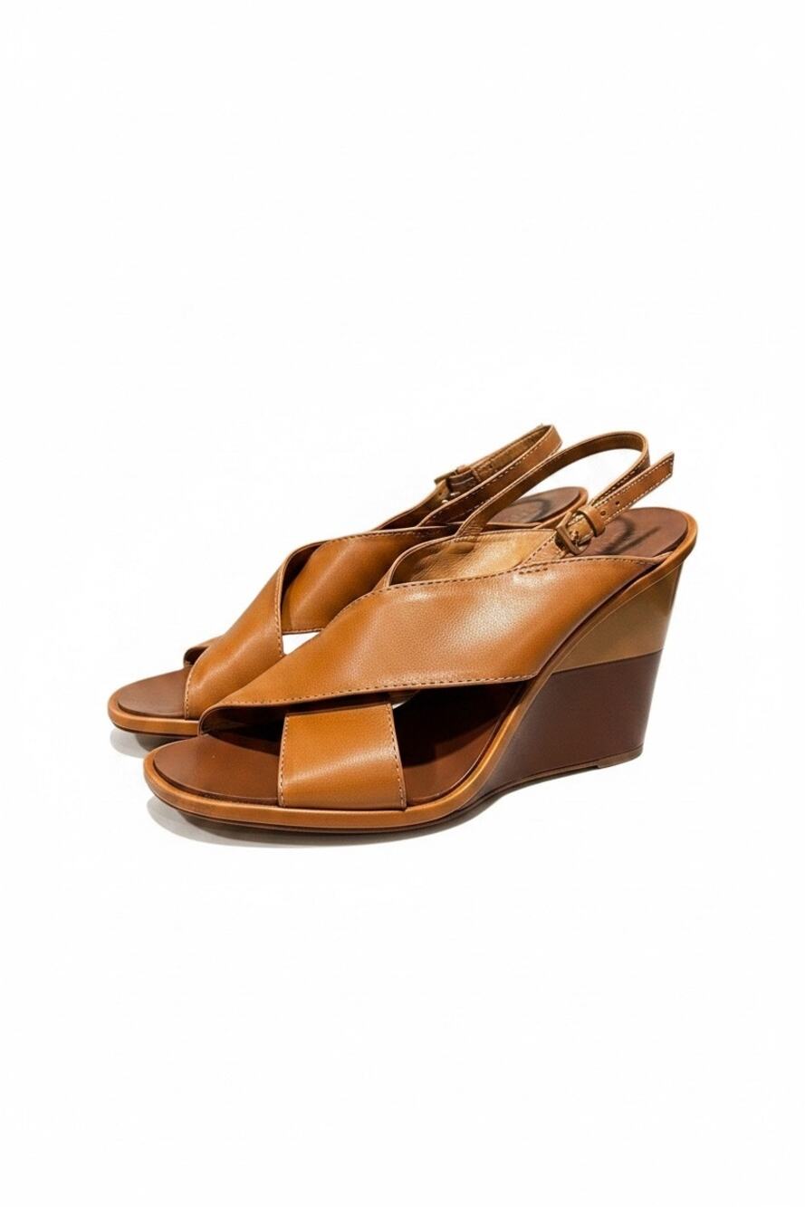 Tory Burch Gabrielle 100mm Royal Tan Leather Wedge Sandals Size 10